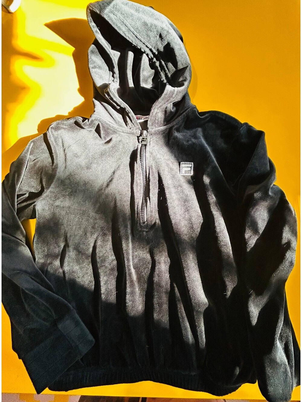 FILA Women S Velour 1/4 Zip Pullover Hoodie Black Velvet Crop Sweatshirt Logo